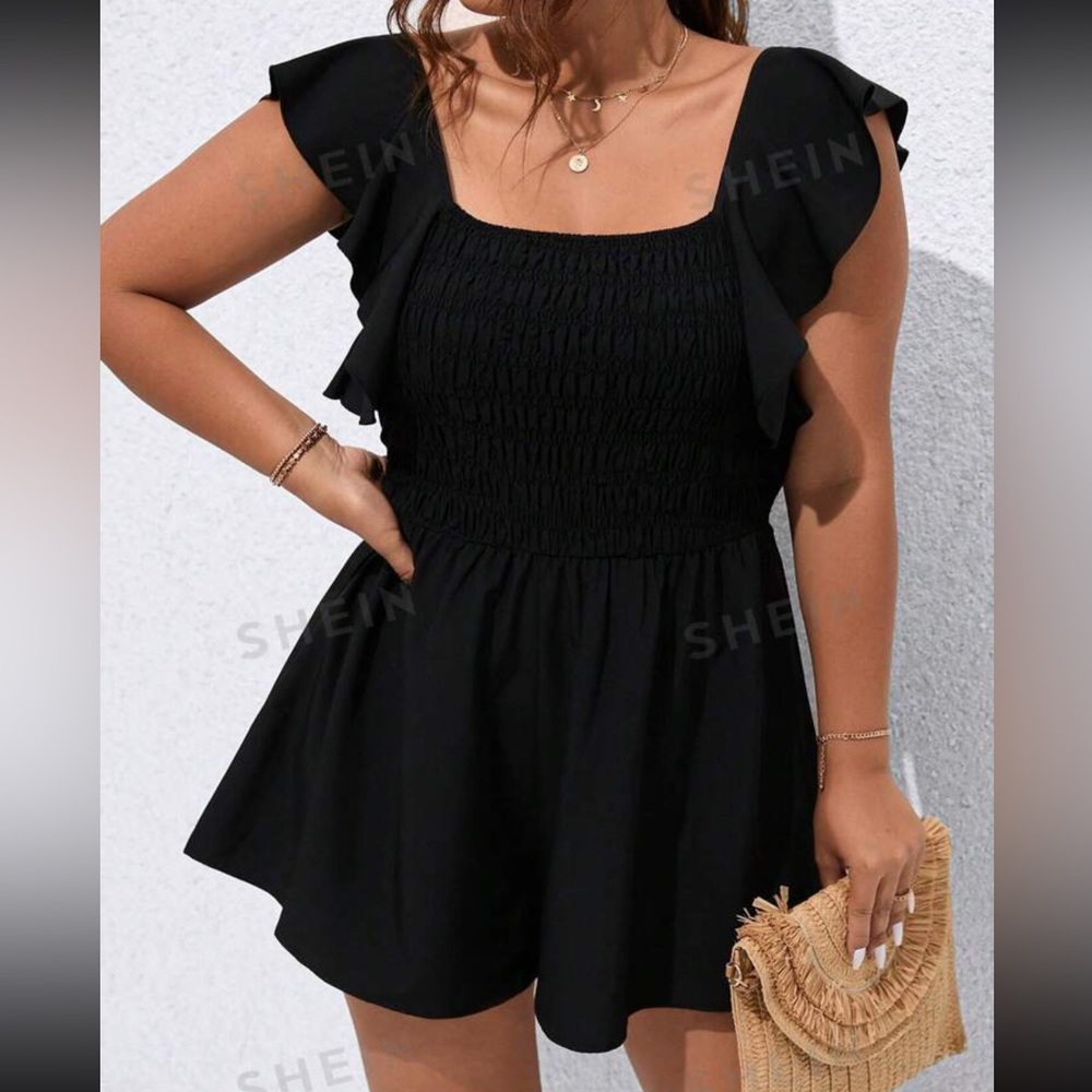 Ruffle trim square neck romper